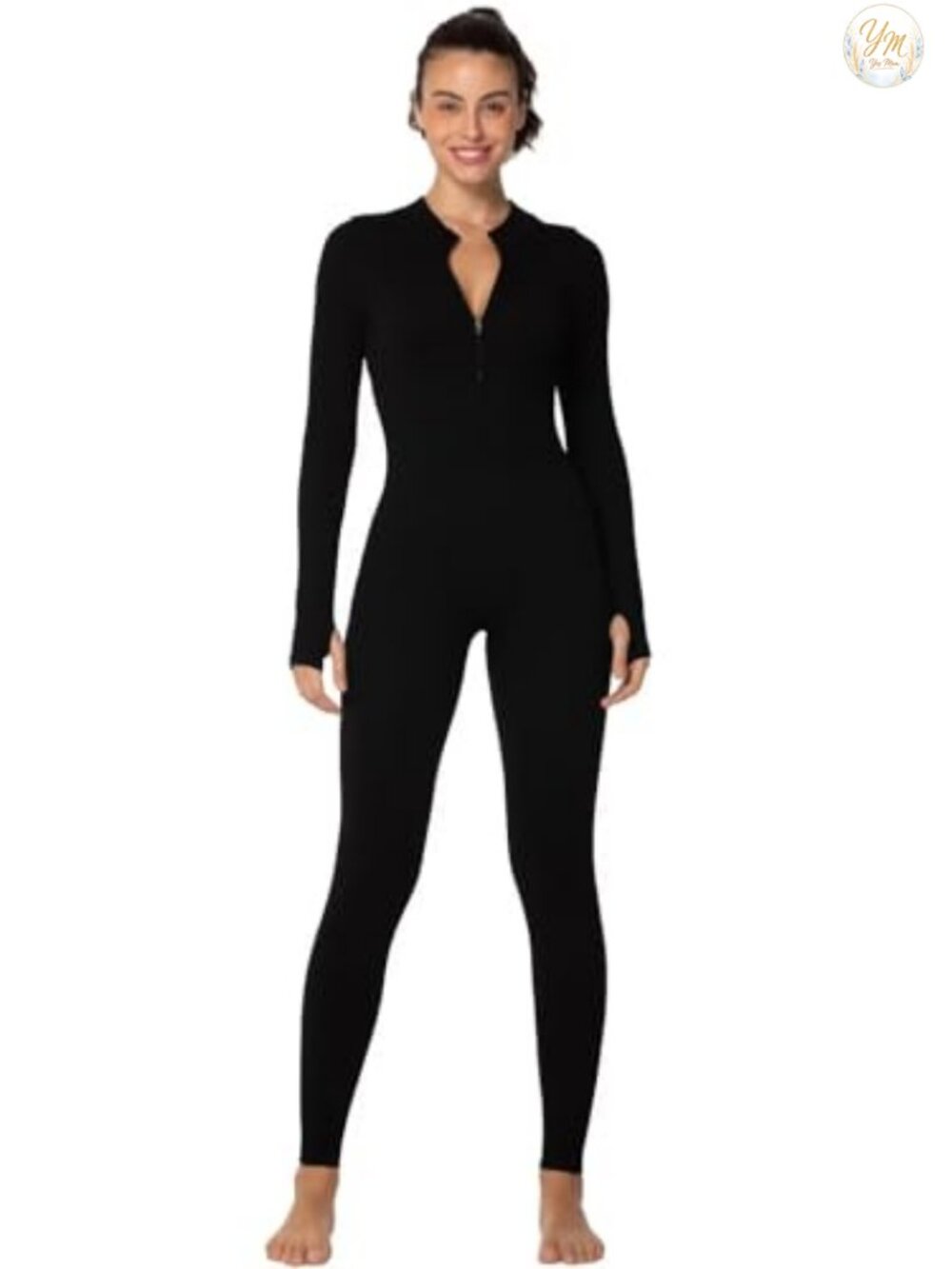 Ribbed Zip Front Yoga Jumpsuit Long Sleeve Thumbholes Stretch Jumpsuit for Women